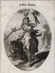Allegorie van woede voorgesteld in een rusteloze houding, een blinddoek, een zwaard en een fakkel in de handen. Ze is gekleed in berenhuid en de leeuw achter haar is furiositeit. Gravure in 