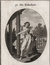 Allegorie van durf die een kolom omhelst die een gebouw ondersteunt, terwijl ze probeert het neer te halen; Gravure in 