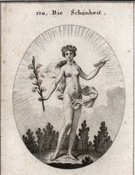 Allegorie van schoonheid. De passer is het embleem van de nauwkeurigheid van verhoudingen. De lelie is het symbool van schoonheid. Gravure in 