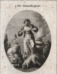 Allegorie van welwillendheid die tegelijkertijd een lam en een leeuw voedt, wat gelijkheid symboliseert tussen de zwakste en de sterkste. Vuur op het altaar duidt op religieuze gevoelens. Gravure in 