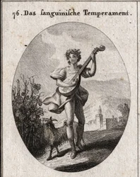 Allegorie van bloedteint. De geit die druiven eet toont aan dat bloed wordt gebracht naar de geneugten van liefde en bacchus. Gravure in 