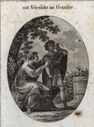 Allegorie van voorzichtigheid terwijl ze geniet. Een filosoof waarschuwt ons dat de wijnstok drie soorten druiven produceert: die van plezier, die van dronkenschap en die van pijn en waanzin. Gravure in 