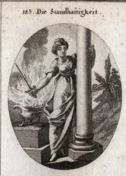 Allegorie van standvastigheid. Ze houdt een zwaard boven een brandend vuur. De kolom die ze omarmt is het attribuut van de boerderij. Gravure in 
