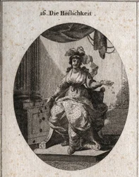Allegorie van hoffelijkheid, voorgesteld door een rijke, sierlijke en glimlachende vrouw die geld en sieraden uitdeelt. Gravure in “Iconologie oder Ideen aus dem Gebiete der Leidenschaften und Allegorien bildich dargestellt für Zeichner, Mahler, Dichter, G
