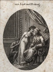 Allegorie van sluwheid en bedrog. Uitdrukking: Wie je meer liefkozingen geeft dan gewoonlijk, het is een teken dat hij je heeft bedrogen of dat hij je wil bedriegen. Gravure in 