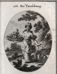 Allegorie van bedrog. Tussen de bloemen van de mand zit een slang. Ze houdt verschillende haken achter haar verborgen. Haar benen eindigen in een slangenstaart om te laten zien dat ze kruipt om haar doelen te bereiken. Gravure in 