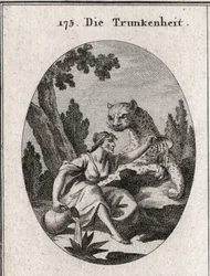 Allegorie van dronkenschap. Ze houdt een kruik en een beker vol wijn vast. Haar symbool is een panter, symbool van de woede van dronkenschap. Gravure in 
