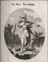 Allegorie van fout in een wankele houding met een blinddoek en ezelsoren om aan te geven dat blindheid en onwetendheid de bronnen van fouten zijn. Ze gaat richting een afgrond, tastend met haar stok. Gravure in 
