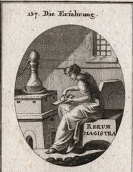 Allegorie van ervaring die het resultaat is van studie en tijd. Ze probeert goud op een sleutelplaat. Gravure in 