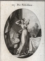 Allegorie van valsheid. Gravure in "Iconologie oder Ideen aus dem Gebiete der Leidenschaften und Allegorien bildich dargestellt fur Zeichner, Mahler"