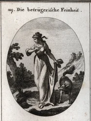 Allegorie van finesse die de neiging heeft te misleiden. Ze wordt afgebeeld met één hand op haar borst en een andere hand achter haar rug met een vos, symbool van misleiding. Gravure in 