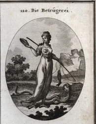 Allegorie van fraude afgebeeld met een dubbel hart en een masker. Ze houdt een hengel vast die een vis heeft gevangen. Haar benen eindigen in gierklauwen en ze heeft een schorpioenstaart. Haar attribuut is een slang met een menselijk gezicht. Gravure in 