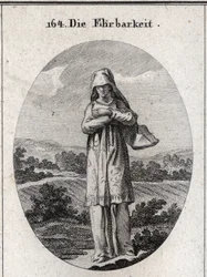 Allegorie van eerlijkheid. Haar ogen zijn bedekt met een sluier die de helft van haar gezicht verbergt omdat de ogen de spiegel van de ziel zijn en het eerste zintuig waardoor ze zichzelf corrumpeert. Gravure in 