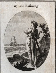 Allegorie van hoop rust op een anker en observeert een schip aan de horizon. Gravure in 