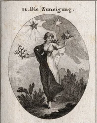 Allegorie van de neiging. Zij houdt een boeket rozen en een boeket doornen vast en kijkt besluiteloos bij haar keuze. Achter haar staan een heldere en weldadige ster, die van Jupiter, en een donkere en schadelijke ster, die van Saturnus. Gravure in