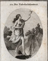 Allegorie van onbezonnenheid. Ze loopt terwijl ze naar een vlinder kijkt zonder te zien dat er een afgrond aan haar voeten is. De passer en de regels tonen aan dat ze geen enkele maat kent of houdt. Gravure in 