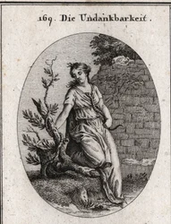 Allegorie van ondankbaarheid. Een vrouw die een slang aan haar borst warmt, wordt gebeten. De klimoptak is het symbool van ondankbaarheid, omdat hij vernietigt wat hem als steun dient om te groeien. Gravure in “Iconologie oder Ideen aus dem Gebiete der