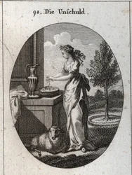 Allegorie van onschuld. Gravure in "Iconologie oder Ideen aus dem Gebiete der Leidenschaften und Allegorien bildich dargestellt fur Zeichner, Mahler"