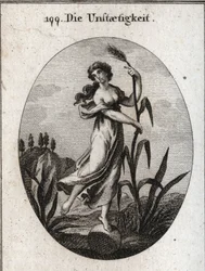 Allegorie van instabiliteit door de wind. Ze leunt met beide handen op een fragiele rietstengel en staat met slechts één voet op een bal. Gravure in 