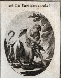Allegorie van onverschrokkenheid, voorgesteld door een krachtige jonge man die een woedende stier stopt door hem bij de horens vast te houden. Gravure in 