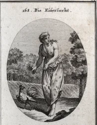 Allegorie van de jaloezie, die aan de ene kant het oor spitst en aan de andere kant kijkt wat er gebeurt. Haar jurk is bezaaid met ogen en oren en het boeket doornen dat zij vasthoudt, toont dat haar kwelling vrijwillig is. De haan, jaloers en waakzaam