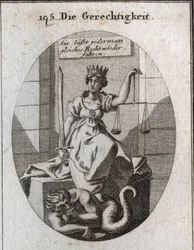 Allegorie van gerechtigheid. Haar attributen zijn balans en zwaard. Ze zit in een rechtszaal en draagt een gouden kroon op haar hoofd. Onder haar voeten knaagt fraude, bezorgd om ontdekt te worden, aan zijn vuisten. Gravure in "Iconologie oder Ideen aus de