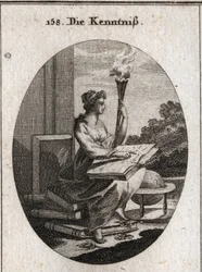 Allegorie van kennis gebaseerd op verschillende volumes van auteurs met een boek open op hun knieën. De fakkel verwijst naar het licht dat het in zielen verspreidt. Gravure in 