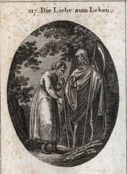 Allegorie van liefde voor het leven. Een oude vrouw roept de dood om haar te helpen haar houten klompen op haar hoofd te zetten. Gravure in "Iconologie oder Ideen aus dem Gebiete der Leidenschaften und Allegorien bildich dargestellt fur Zeichner, Mahler, D
