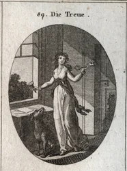 Allegorie van loyaliteit waarvan de symbolen de sleutel, het zegel en de hond zijn. Gravure in 