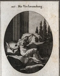 Allegorie van kwaadsprekerij. Gravure in "Iconologie oder Ideen aus dem Gebiete der Leidenschaften und Allegorien bildich dargestellt fur Zeichner, Mahler"