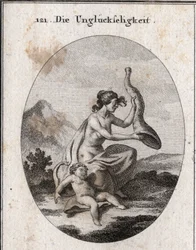 Allegorie van ongeluk weergegeven mager en uitgebreid. Haar attributen zijn een hoorn van overvloed die ze schudt en leeg is, en een kind dat sterft van de honger. Gravure in 