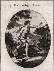 Allegorie van passie of onstuimigheid voorgesteld door een tiener met een zwaard om aan te geven dat hij de woede volgt. Zijn attribuut is een irriterend everzwijn, een dier dat altijd vecht zonder rekening te houden met het gevaar. Gravure in 