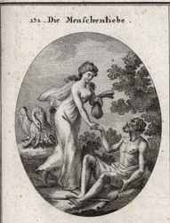 Allegorie van filantropie. Gravure in "Iconologie oder Ideen aus dem Gebiete der Leidenschaften und Allegorien bildich dargestellt fur Zeichner, Mahler"