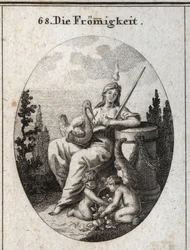 Allegorie van vroomheid. De brandende vlam op zijn hoofd en zijn positie op het altaar markeren de overmaat van Gods liefde. De ooievaar is het attribuut van familieliefde en het zwaard toont dat het klaar is om de zwaksten te ondersteunen. De hoorn des ov