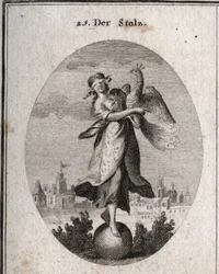 Allegorie van trots, voorgesteld door een jong meisje met een blinddoek op een bal, symbool van haar geringe standvastigheid. De pauw symboliseert de trotse geest. De rijke kleding bedekt haar arme kleren om het uiterlijk te tonen. Gravure in „Iconologie