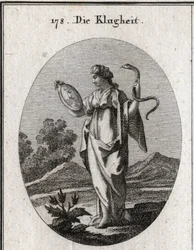 Allegorie van voorzichtigheid, haar gewone attributen zijn de spiegel en de slang. Ze heeft twee gezichten, een jong persoon voor de anticipatie van de toekomst en een oude voor de overweging van het verleden. Gravure in 