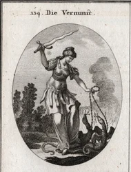 Allegorie van rede, ze houdt een vlammend zwaard waarmee ze de ondeugden bedreigt die worden voorgesteld door slangen die ze in kettingen houdt. Gravure in 