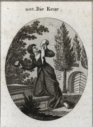 Allegorie van spijt, voorgesteld met een knie op een graf. Ze houdt in de ene hand een zakdoek en in de andere een steen waarmee ze haar borst slaat. Gravure in "Iconologie oder Ideen aus dem Gebiete der Leidenschaften und Allegorien bildich dargestellt fu