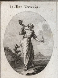 Allegorie van berisping. Ze leert een boek te klinken dat de onaangename klank van berispende woorden benadrukt, voorzichtig gemanipuleerd, zoals blijkt uit de menselijke taal die ze in de andere hand houdt. Gravure in 