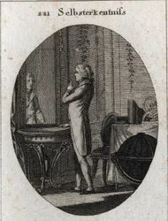 Allegorie van zelfkennis. Een jonge man kijkt in een spiegel. Gravure in 