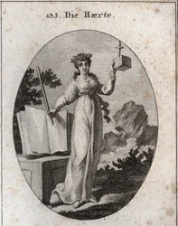 Allegorie van strengheid gekroond met een eikentak, attribuut van kracht. Ze leunt op een wetboek en houdt een ijzeren staaf vast. De kubus waarin een dolk vertraagt, symboliseert haar nabijheid en haar onbuigzaamheid. Gravure in 