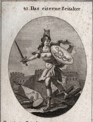 Allegorie van het IJzeren Tijdperk dat wordt gekenmerkt door geweld, slechte trouw en verraad. Van woeste verschijning, ze is gewapend met een helm in de vorm van een wolvenkop, houdt een zwaard en een schild waarop fraude en ondeugd zijn afgebeeld (zeemee