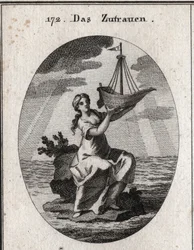 Allegorie van vertrouwen, voorgesteld door een vrouw die op een plek midden in de zee zit en in haar hand een schip vasthoudt dat ze heeft opgetild. Gravure in 