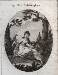 Allegorie van de volgzaamheid. Zijn attributen zijn de parkiet en de kleine hond vanwege hun gehoorzaamheid en verlangen om te behagen. Gravure in 