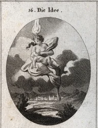 Allegorie van het idee voorgesteld met een vlam op het hoofd en een gouden cirkel op het voorhoofd, terwijl ze een kind voedt. Gravure in 