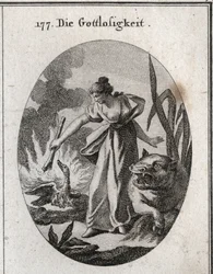 Allegorie van goddeloosheid. Gravure in "Iconologie oder Ideen aus dem Gebiete der Leidenschaften und Allegorien bildich dargestellt fur Zeichner, Mahler"