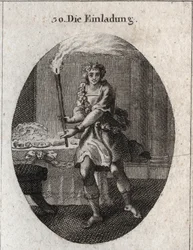 Allegorie van de uitnodiging als een jonge man met een lachend gezicht die uitnodigt aan een tafel bedekt met gerechten. De fakkel die hij vasthoudt is het attribuut van Comus, god van feesten en nachtelijke partijen. Gravure in 