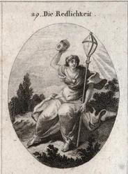 Allegorie van loyaliteit of oprechtheid die een masker wegwerpt, het attribuut van veinzerij en leugen. Haar embleem is een kristallen lantaarn als symbool van de bliksem. Op haar borst is een hart getekend. Gravure in 