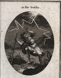 Allegorie van het gevaar, voorgesteld door een jonge man die ontsnapt aan een snelle stroom door op een slang te stappen die hem steekt en tegelijkertijd een bliksemflits achter hem. Gravure in “Iconologie oder Ideen aus dem Gebiete der Leidenschaften und 