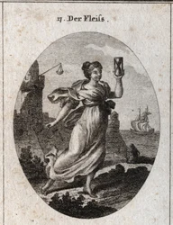 Allegorie van de ijver die snel loopt. Haar attributen zijn de zandloper en de spoor, symbool van activiteit en nauwkeurigheid. Gravure in 
